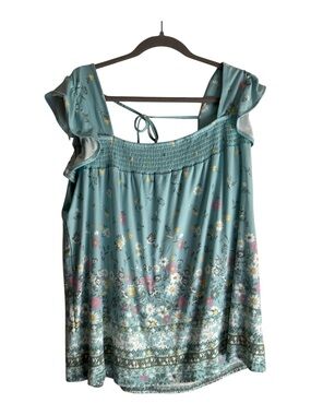 Absolutely Famous Size 1X Teal Floral Smocked Top